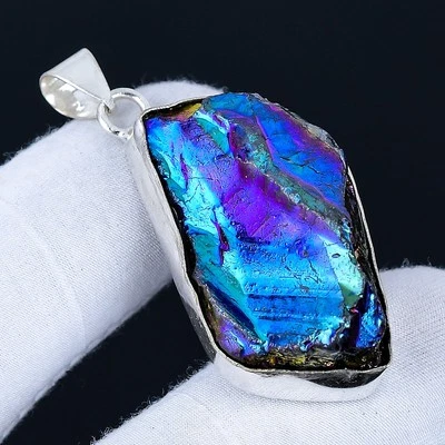 Rainbow Titanium Druzy 925 Silver Plated Handmade Pendant of 2" - Image 1 of 3