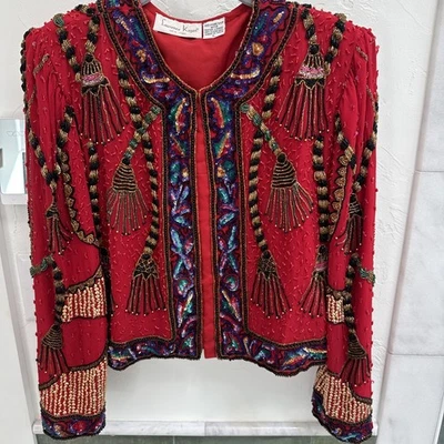 Chaqueta de Colección Laurence Kazar SEDA Cuentas Pesadas Talla L Roja Cóctel Glamour Foto 1 de 4