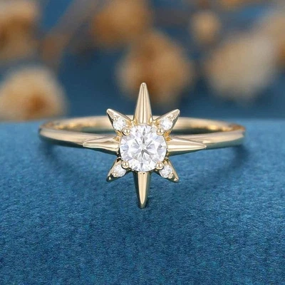 1.20 CT Moissanite North Star Ring 925 Silver Gold Plated Wedding Ring for Women - Image 1 of 4