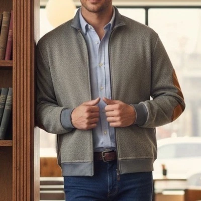 Orvis Suéter Chaqueta Beige Cremallera Completa Cuero Codo Parches Borde XL Para Hombres Foto 1 de 4