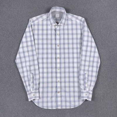 Camisa masculina Eleventy média algodão linho mistura platina xadrez botão para cima Itália - Imagem 1 de 4