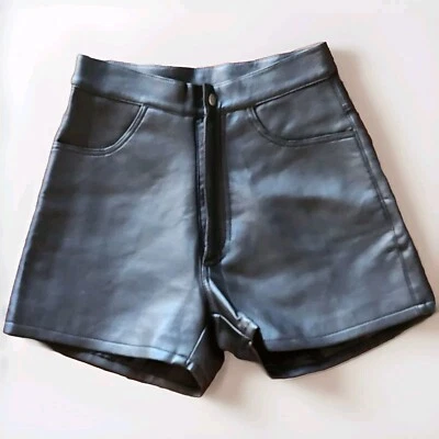 BEYOND LEATHER Black 4 Pocket Faux Leather Biker Shorts. SZ S/M 3/4. Lined. - Image 1 of 4