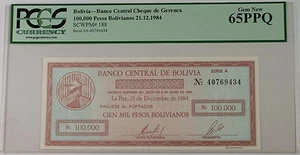 1984 Bolivia Banco Central 100000 Pesos Bolivianos SCWPM 188 PCGS 65 PPQ Gem New - Picture 1 of 2