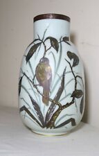 antique hand blown painted opal Bristol glass enamel enameled gilt bird vase urn