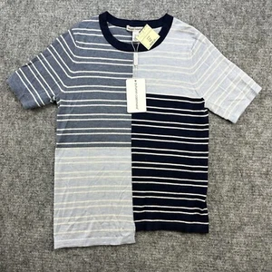 Autumn Cashmere Sweater Women XS Blue Stripe Patchwork Assymetrical Short Sleeve - Picture 1 of 13