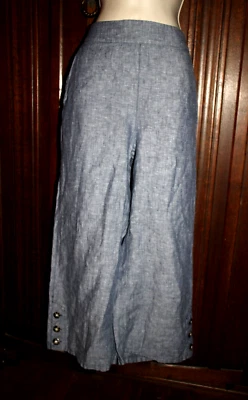 Sigrid Olsen Pantalón Pierna Ancha 100% Lino M Azul Cambray Cintura Elástica Recortada Foto 1 de 4