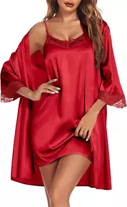 Sleepwear Women'S Satin Nightgown with Robes Set 2 Piece Sexy Lace Cami Nightwea - Picture 1 of 12