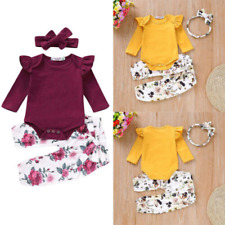Newborn Baby Girls Ruffle Romper Tops Floral Pants Headband Clothes Outfit Set
