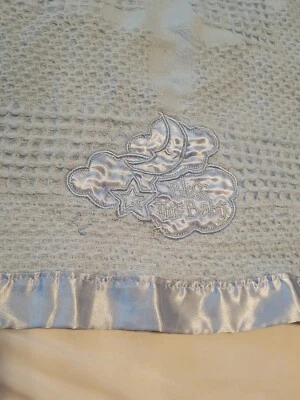 Kidgets Blue Baby Blanket Bless This Baby Moon Stars Waffle Weave Satin Binding - Image 1 of 3