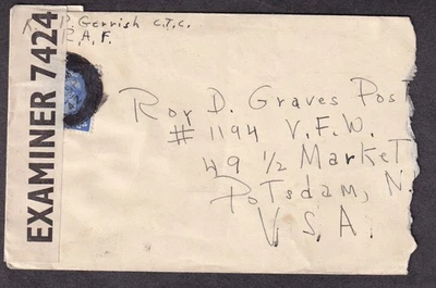 Great Britain 1942 WWII PC90 censor 7424 cover mute cancel K P Gerrish CTC RAF - Image 1 of 2