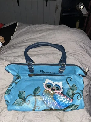 Cartera organizadora de cuero pintada a mano Anuschka - Denim Owl - Nueva con etiquetas Foto 1 de 4