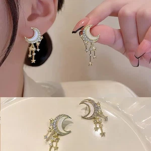 18K Gold Plated Half Moon Stud Earrings With Flowing Hanging Stars - Picture 1 of 6