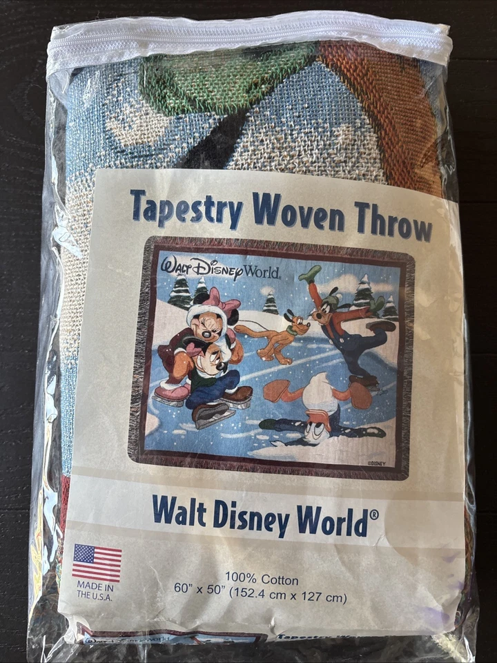 Disney World Parks Tapestry Woven Throw Winter Ice Skating Scene 60x50 Christmas