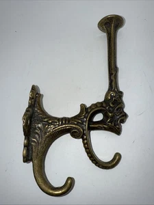 Vtg Cast Brass Double Coat/Hat Wall Hook Laughing Gargoyle Face Aged Patina 7”L - Picture 1 of 9
