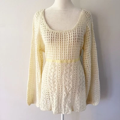 Vintage NWT Women Y2K Open Knit Velvet Trim Peplum Sweater Boho Cottage Coquette - Image 1 of 4