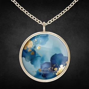 Frauen Halskette Kette Mit Anhänger Gold Blau Aquarell Edelstahl - Bild 1 von 4