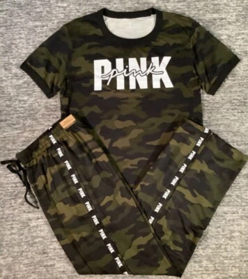 Victoria's Secret Rosa Camuflaje Campus SS + Conjunto de Pantalones de Pista Verde M Nuevo con Etiquetas Foto 1 de 4