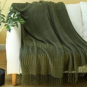 Knitted Throw Blanket for Couch Bed and Sofa. Super Soft with Tassels Dark Green - Picture 1 of 7