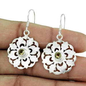 Natural Citrino 925 Bisel Plata Ley Noviembre Pendientes Largos Joyería - Imagen 1 de 5