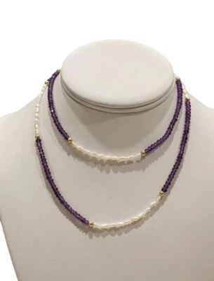 14K Yellow Gold Clasp Pearl Amethysts Necklace/ Women's 14k Gold Jewelry Beads  - Image 1 of 4