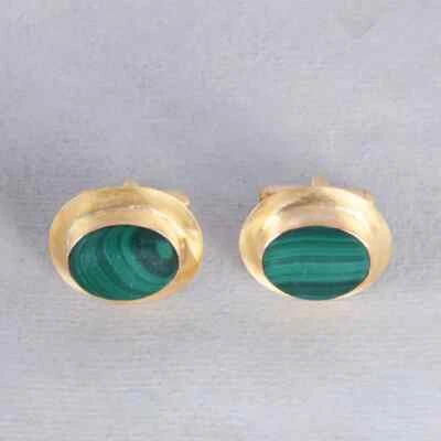 Запонки из стерлингового серебра 925 пробы с позолотой малахит драгоценные камни подарок бойфренду - Изображение 1 из 4