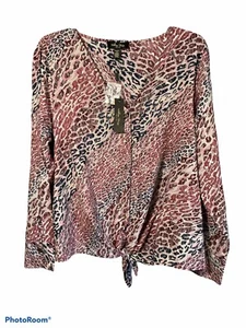 NWT Melissa Paige Womens Size XL Petite Red Blue Leopard Blouse - Picture 1 of 8