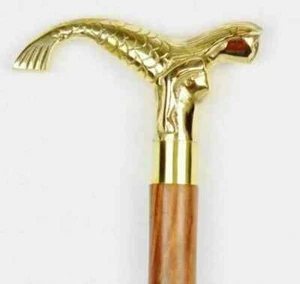 Bastón de madera estilo antiguo vintage con mango de cabeza de sirena de latón victoriano - Imagen 1 de 9