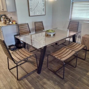 Modern Industrial Glass Top 6 Piece Dining Set, Slatted wood Chairs and Bench - Picture 1 of 3