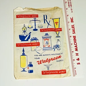 Vintage Walgreens Pharmacy Drug Store Bag Paper 9" x 6" Rx Graphics Heavy Wear - Picture 1 of 7