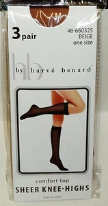 3 Pairs Harve Benard Comfort Top Sheer Knee Highs BEIGE One Size Fits Most NIP - Picture 1 of 3