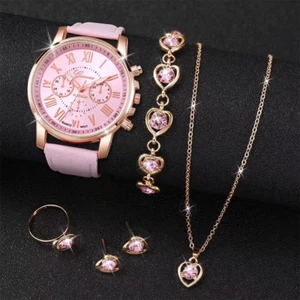 6Pcs Women Quartz Watch Set Leather Band Analog Roman Numeral Wrist Watches - Picture 1 of 13