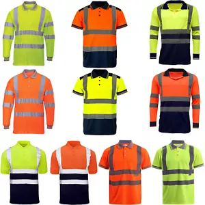 HI VIS POLO T SHIRTS MENS HIGH VISIBILITY VIZ REFLECTIVE TAPE WORK WEAR TEE TOP - Picture 1 of 14