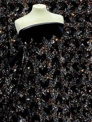 1 Yard schwarz silber gold Trim Pailletten Stretch Samt Kleid Stoff 58" - Bild 1 von 4