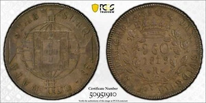 1819-R Brazil 960 Reis Struck Over 1818-FD Chile Volcano Peso PCGS XF45 - Picture 1 of 5