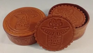 Tooled Leather Coasters Set Of 12 with Storage Case Aztec Columbia Souvenir - Picture 1 of 9