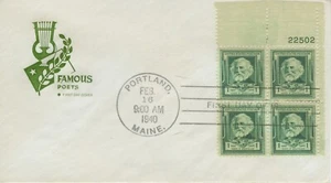 #864 PLATE BLOCK FDC, HENRY W LONGFELLOW Farnam cachet - Picture 1 of 1
