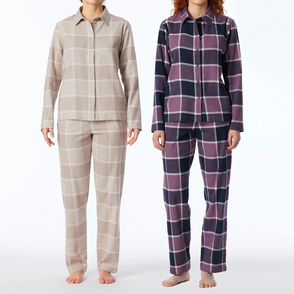SCHIESSER langer Damen Schlafanzug Pyjama warm Flanell Karo Knöpfe Kragen Tasche - Bild 1 von 1