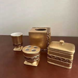 Croscill Platinum Leaf Gold Bathroom Set Tissue Toothbrush Holder Cup Box - Picture 1 of 19