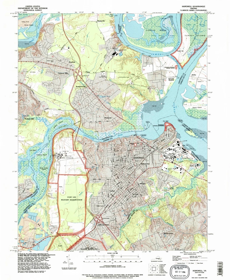 Hopewell, VA, Topographic Map, 1994, USGS – Premium Matte Print – Historic VA La - Image 1 of 1