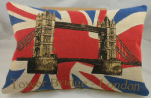 London Tower Bridge Union Jack Woven Belgian Tapestry Cushion - Evans Lichfield