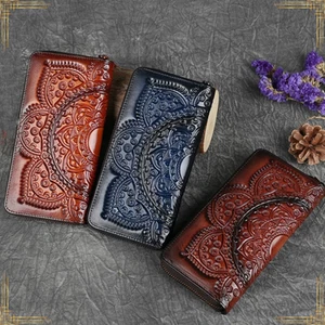 Women Handmade GENUINE LEATHER Floral Embossed Ladies Long Purse Phone Wallet - Picture 1 of 12