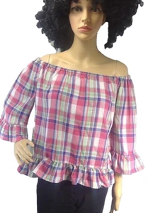 Jane and Delancey womens top size M plaid off-shoulder pink/blue/green ruffles - Picture 1 of 11