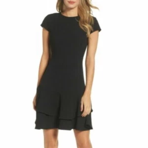 Women's Eliza J Black Tiered Ruffle Crepe Sheath Short Sleeve Dress Size 16 - Picture 1 of 7