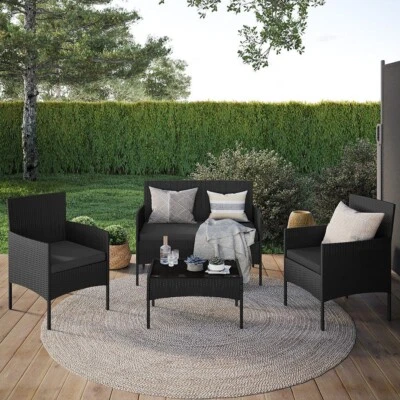 Lounge Set Garten Schwarz 4-tlg. Polyrattan Sofa Sessel Tisch mit Kissen - Bild 1 von 4