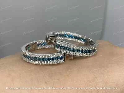 2Ct Round Lab-Created Blue Diamond Hoop Earring For Womens 14K White Gold Finish - Image 1 of 3
