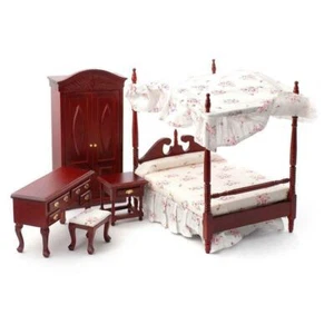 Dolls House Mahogany Victorian Canopy 4 Poster Bed Bedroom Furniture Set 1:12 - Picture 1 of 8