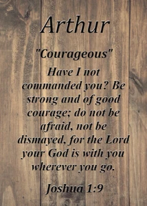 Tarjeta de significado de nombre de recuerdo de Arthur "valiente" con versículo bíblico - Imagen 1 de 1