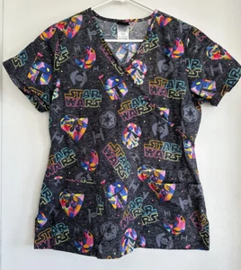 STAR WARS Scrub Top Colorful Vader Mandalorian Storm Trooper S/S Womens Small EC - Picture 1 of 7