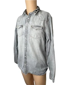 ALL SAINTS Hemd grau Chambray Denim Meteor Pearl Snap Leopardenmuster L passt S M - Bild 1 von 9