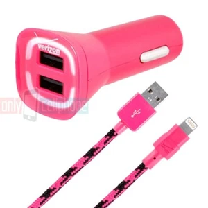 Verizon Pink Dual-USB Car Charger+Data Cable for iPhone 14/13/12/11 Max Pro - Picture 1 of 5